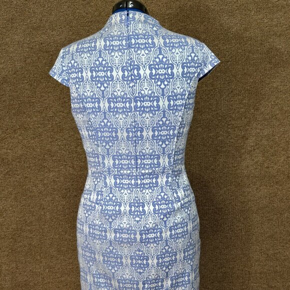 Adrianna Papell Blue Silver Floral Jacquard Cocktail Dress Size 8 Wedding Guest - Picture 3 of 4